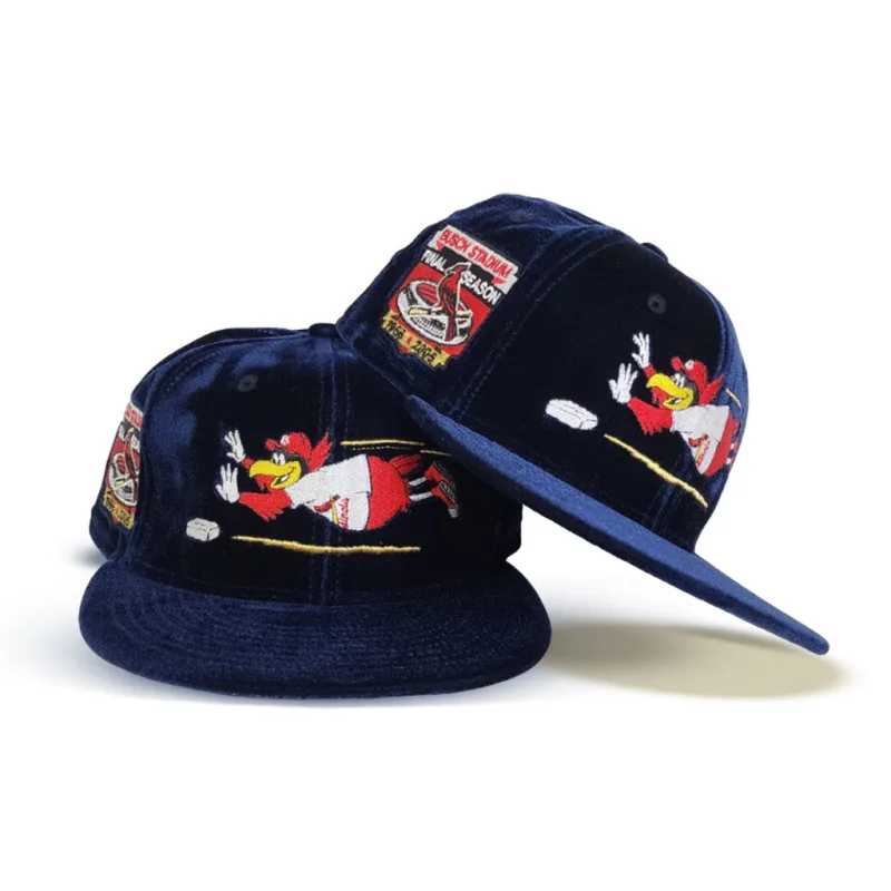 New Era St. Louis Cardinals fitted hat navy, gray, blue, cardinal colorway - Busch Stadium Final Season Fitted: New Era Honors Cardinals History with Navy Velvet 59FIFTY
