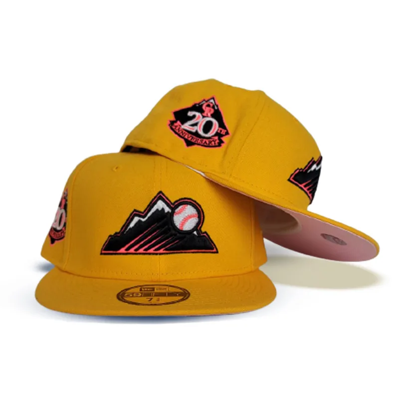 New Era Colorado Rockies fitted hat pink, yellow colorway - 20th Anniversary Fitted: New Era Celebrates Colorado Rockies Milestone with Pink and Yellow 59FIFTY