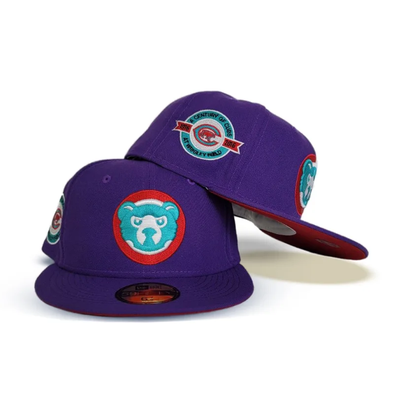 New Era Chicago Cubs fitted hat red, purple colorway - Cubs Drop Fire Purple and Red Fitted with Century Wrigley Field Patch