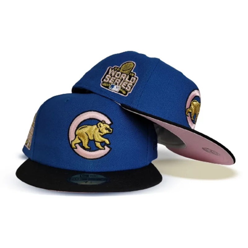 New Era Chicago Cubs fitted hat blue, pink colorway - 2016 World Series Fitted: New Era’s Sea Blue Cubs Championship Tribute with Pink Bottom
