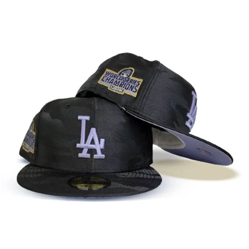 New Era Los Angeles Dodgers fitted hat black, purple colorway - Dodgers Fitted Gets Championship Treatment with Black Camo Colorway
