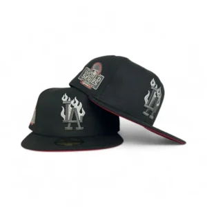 New Era Los Angeles Dodgers fitted hat black, red colorway - 2024 World Series Champions Fitted: New Era Drops Dodgers Championship Flame Logo