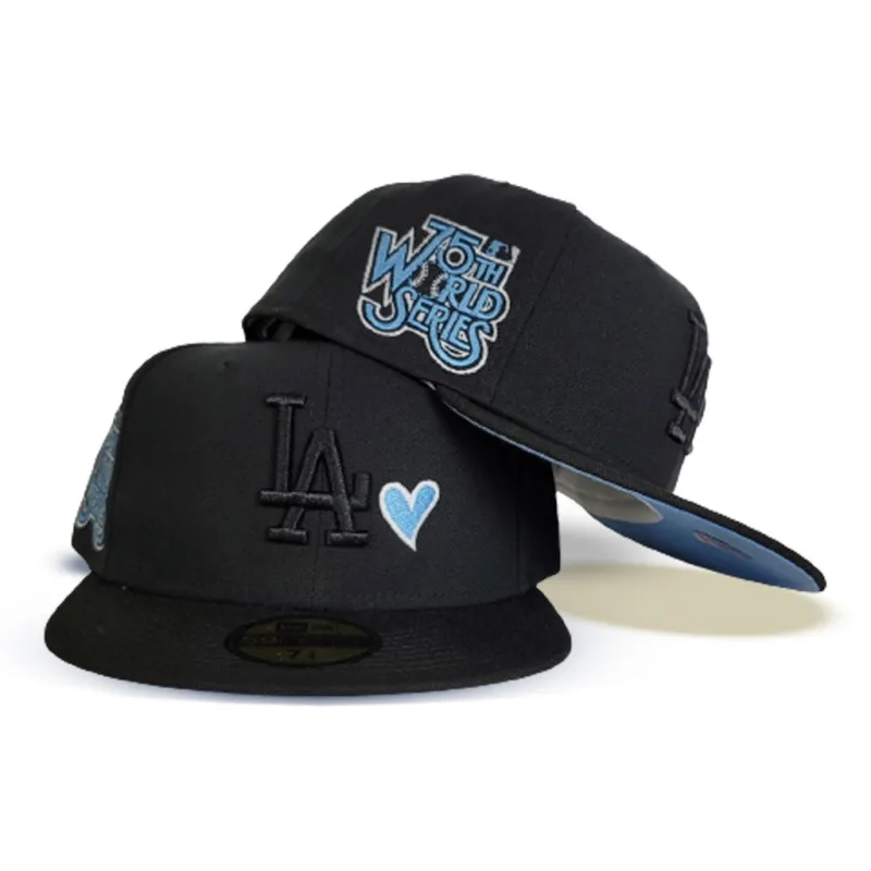 New Era Los Angeles Dodgers fitted hat black, blue colorway - New Era Dodgers Fitted Features Icy Blue Bottom and 78th World Series Patch