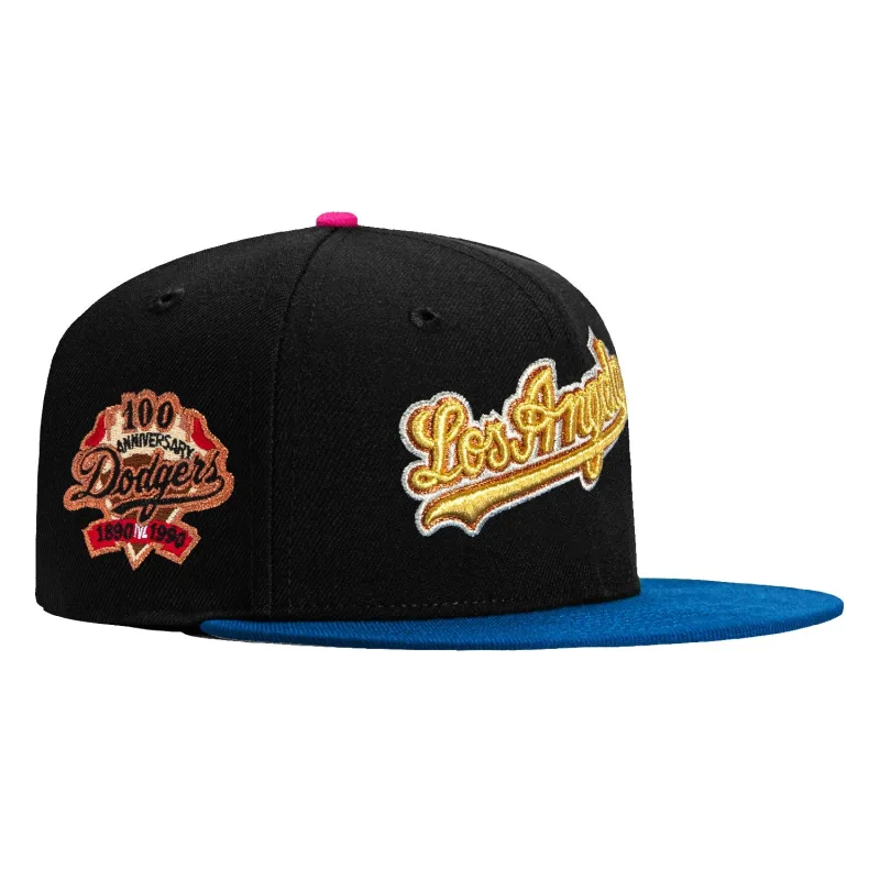 New Era Los Angeles Dodgers fitted hat Black, Royal, Metallic Gold colorway - Century of Excellence Fitted: New Era Celebrates Dodgers 100th Anniversary in Script Style