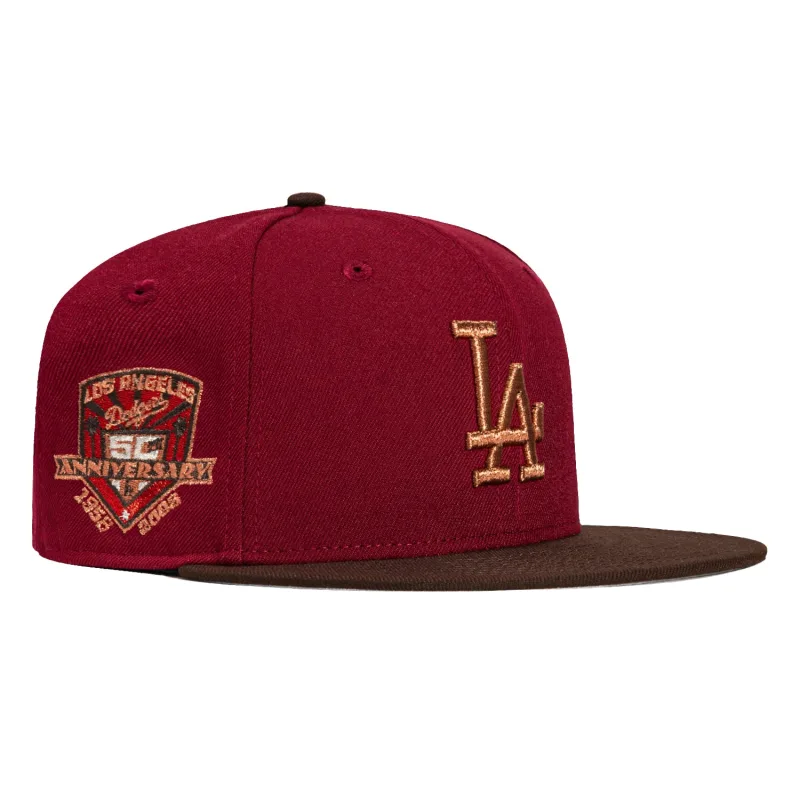 New Era Los Angeles Dodgers fitted hat Cardinal, Brown, Metallic Gold colorway - 50th Anniversary Fitted: New Era Celebrates Dodgers Milestone in Cardinal and Brown