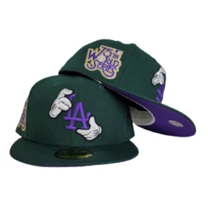New Era Los Angeles Dodgers fitted hat green, purple colorway - New Era Drops Mickey Hands Dodgers Fitted with 75th World Series Detail
