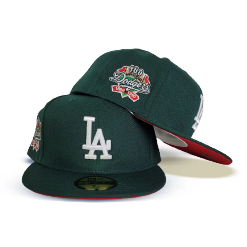 New Era Los Angeles Dodgers fitted hat red, green colorway - Dodgers 100th Anniversary Fitted: New Era Celebrates Century of Baseball History