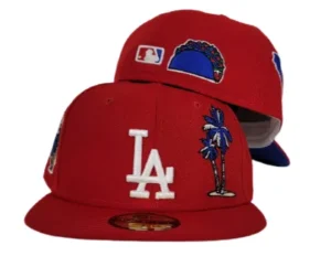 New Era Los Angeles Dodgers fitted hat red, blue, royal colorway - New Era Drops California Vibes Dodgers Fitted with State Map Palm Tree Design