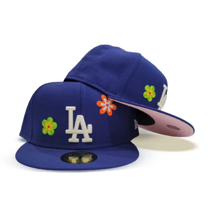 New Era Los Angeles Dodgers fitted hat blue, pink, royal colorway - Dodgers Fitted Gets Floral Treatment with Pink Bottom Side Patch