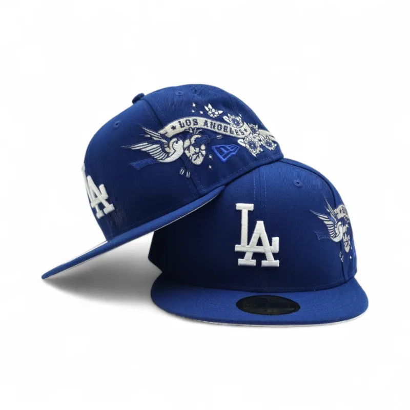 New Era Los Angeles Dodgers fitted hat gray, blue, royal colorway - New Era Drops Royal Blue Dodgers Fitted with Hummingbird City Art Side Patch