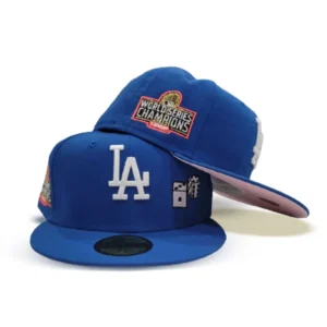New Era Los Angeles Dodgers fitted hat blue, pink, royal colorway - 2020 World Series Champions Fitted: New Era’s Royal Blue Dodgers Pink Bottom Dice Collection