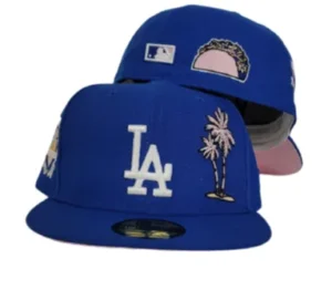 New Era Los Angeles Dodgers fitted hat blue, pink, royal colorway - 50th Anniversary Fitted: New Era Celebrates Dodgers Milestone with Palm Tree Royal Blue 59FIFTY