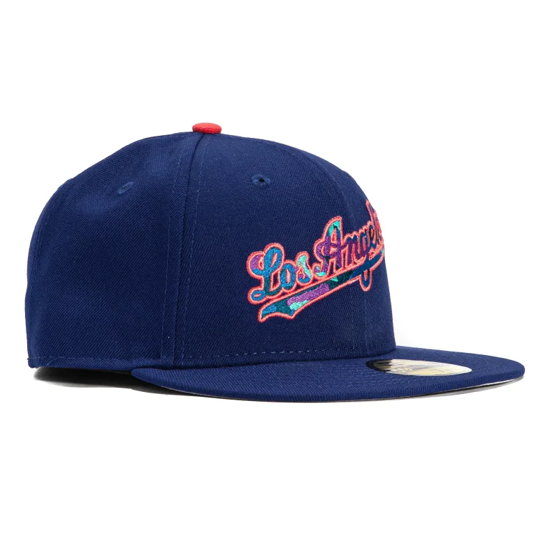 New Era Los Angeles Dodgers fitted hat Royal, Teal, Infrared colorway - New Era Dodgers Fitted Features Bold Camo Script in Royal, Teal, and Infrared