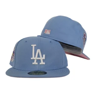 New Era Los Angeles Dodgers fitted hat blue, pink colorway - 50th Anniversary Fitted: New Era Celebrates Dodgers Milestone with Sky Blue Pink Bottom 59FIFTY