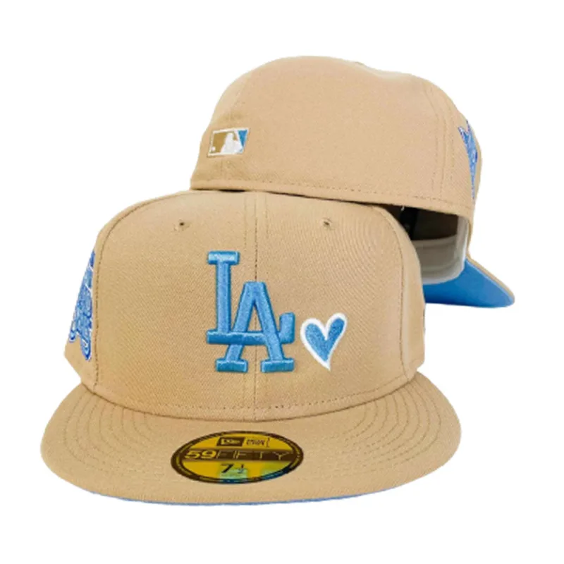 New Era Los Angeles Dodgers fitted hat blue, tan colorway - Dodgers Fitted Gets Championship Treatment with Tan Heart Colorway