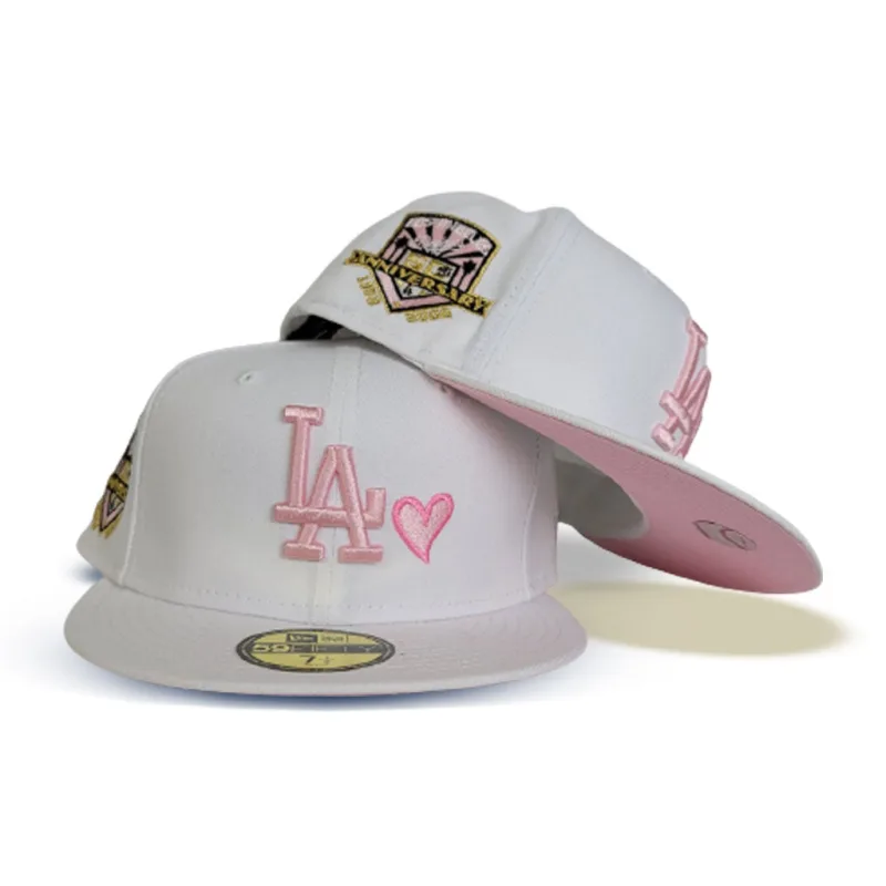 New Era Los Angeles Dodgers fitted hat white, pink colorway - Anniversary Celebration Fitted: New Era’s White Dodgers 59FIFTY with Pink Bottom