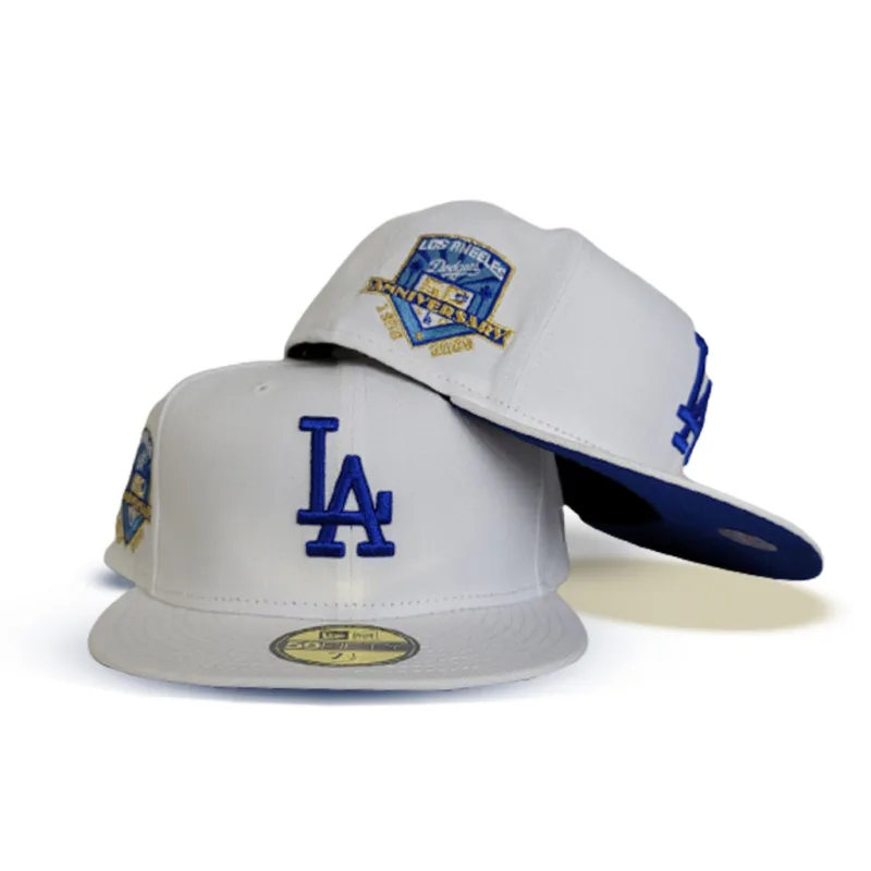 New Era Los Angeles Dodgers fitted hat white, blue, royal colorway - 50th Anniversary Fitted: New Era Celebrates Dodgers Milestone with Royal Blue Bottom 59FIFTY