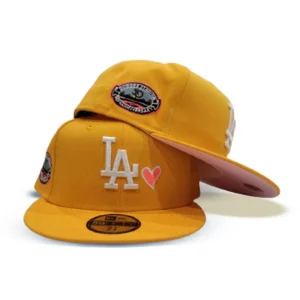 New Era Los Angeles Dodgers fitted hat pink, yellow colorway - Dodgers 50th Anniversary Fitted: New Era’s Emoji Pack Celebrates Five Decades in Los Angeles
