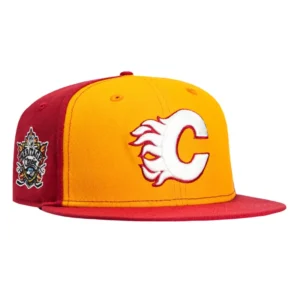 New Era Calgary Flames fitted hat Gold, Cardinal colorway - New Era Drops Heritage Classic Flames Fitted with 2011 Patch