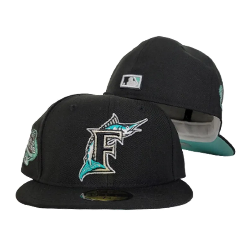 New Era Miami Marlins fitted hat black, green colorway - Century of Baseball Fitted: New Era Honors 100 Years with Marlins Anniversary Cap
