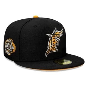 New Era Miami Marlins fitted hat black, orange colorway - 2003 World Series Fitted: New Era Drops Black Marlins Championship Tribute with Orange Bottom