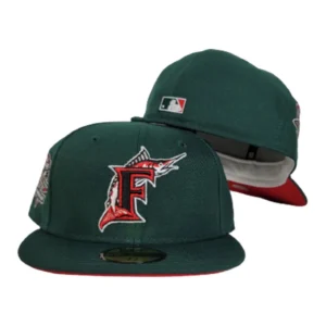 New Era Miami Marlins fitted hat red, green colorway - Marlins 10th Anniversary Fitted: New Era Celebrates Franchise Milestone with Dark Green Tribute