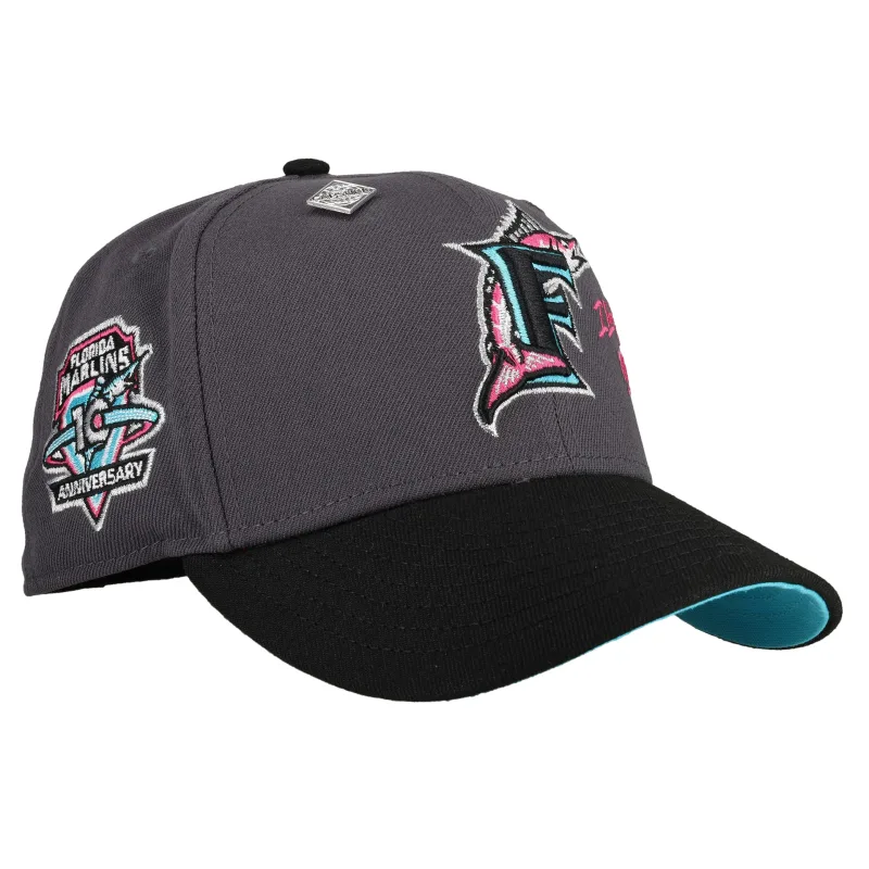 New Era Miami Marlins fitted hat grey, blue colorway - Decade of Dreams Fitted: New Era’s Marlins 10th Anniversary South Beach Metallic Drop