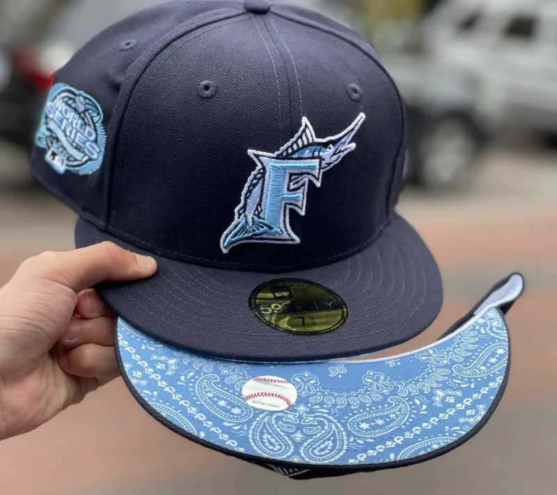 New Era Miami Marlins fitted hat navy, blue colorway - 2003 World Series Fitted: New Era Celebrates Marlins Championship with Sky Paisley Design