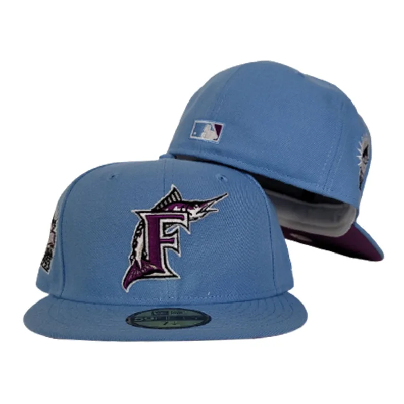 New Era Miami Marlins fitted hat blue, purple colorway - Marlins Collectors Get Vintage Vibes with This Sky Blue Fitted Drop