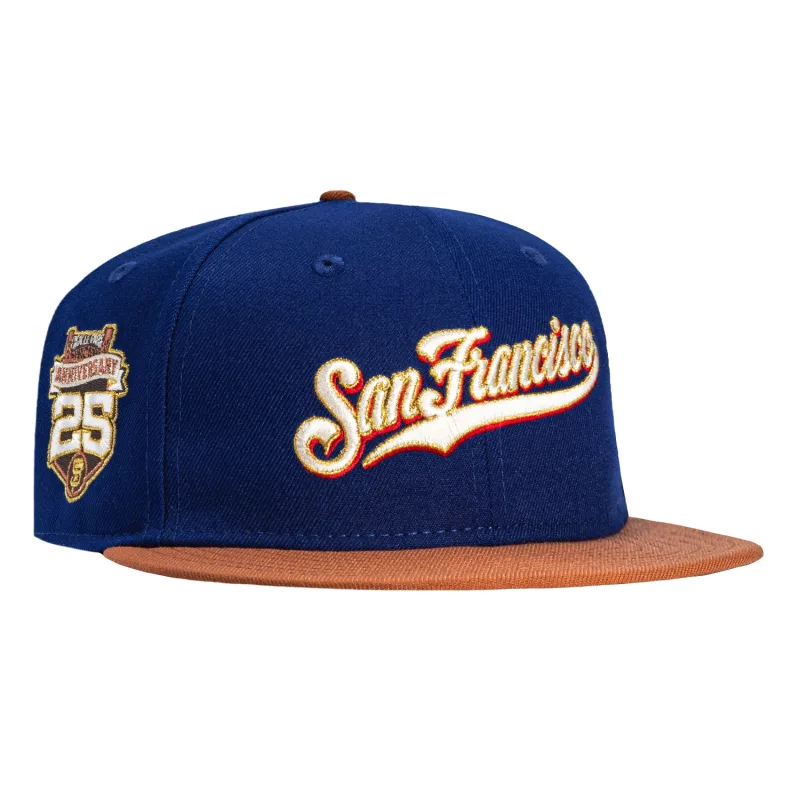 New Era New York Giants fitted hat Royal, Brown colorway - 25th Anniversary Fitted: New Era Drops San Francisco Giants Stadium Script in Royal and Brown