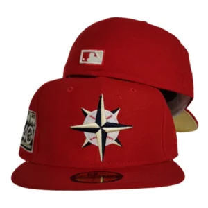 New Era Seattle Mariners fitted hat red, yellow colorway - 40th Anniversary Fitted: New Era Celebrates Seattle Mariners Ruby Anniversary with Glow In The Red Design