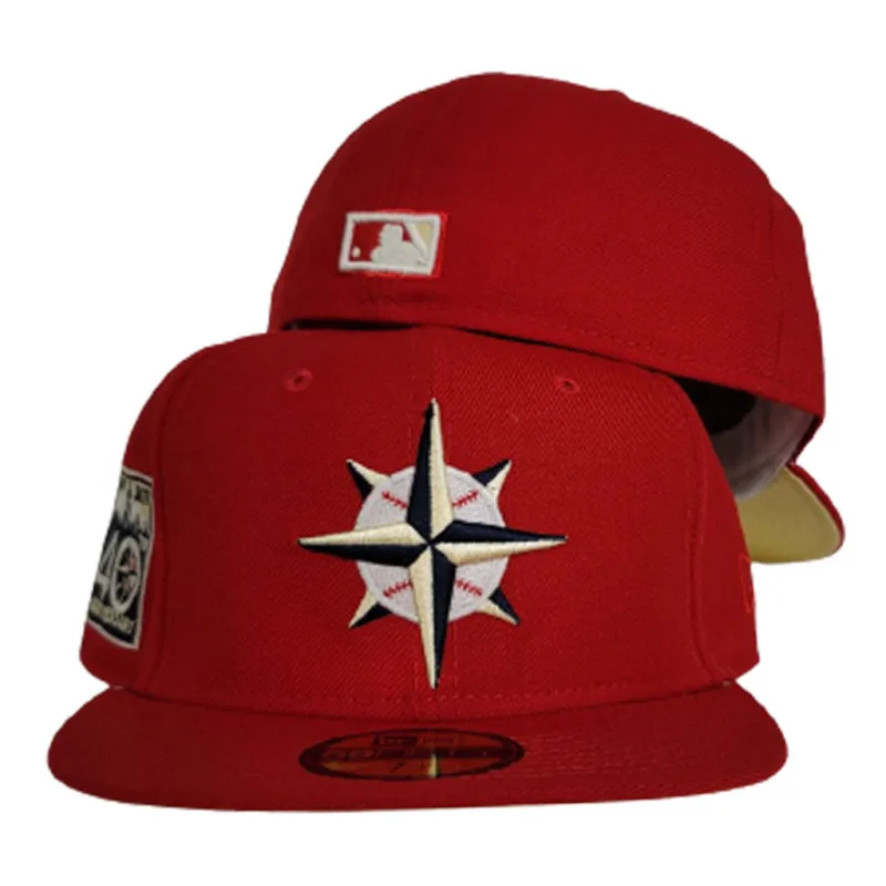 New Era Seattle Mariners fitted hat red, yellow colorway - 40th Anniversary Fitted: New Era Celebrates Seattle Mariners Ruby Anniversary with Glow In The Red Design