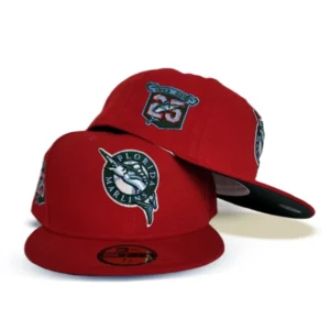 New Era Miami Marlins fitted hat red, green colorway - 25th Anniversary Fitted: New Era Celebrates Miami Marlins Silver Anniversary with Red and Green 59FIFTY