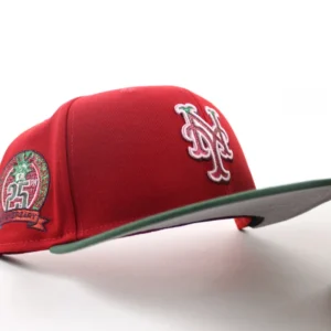 New Era New York Mets fitted hat Scarlet Red Cilantro Green Gray Under Brim colorway - 25th Anniversary Fitted: New Era Celebrates Mets Milestone with Scarlet Red Cilantro Green 59FIFTY