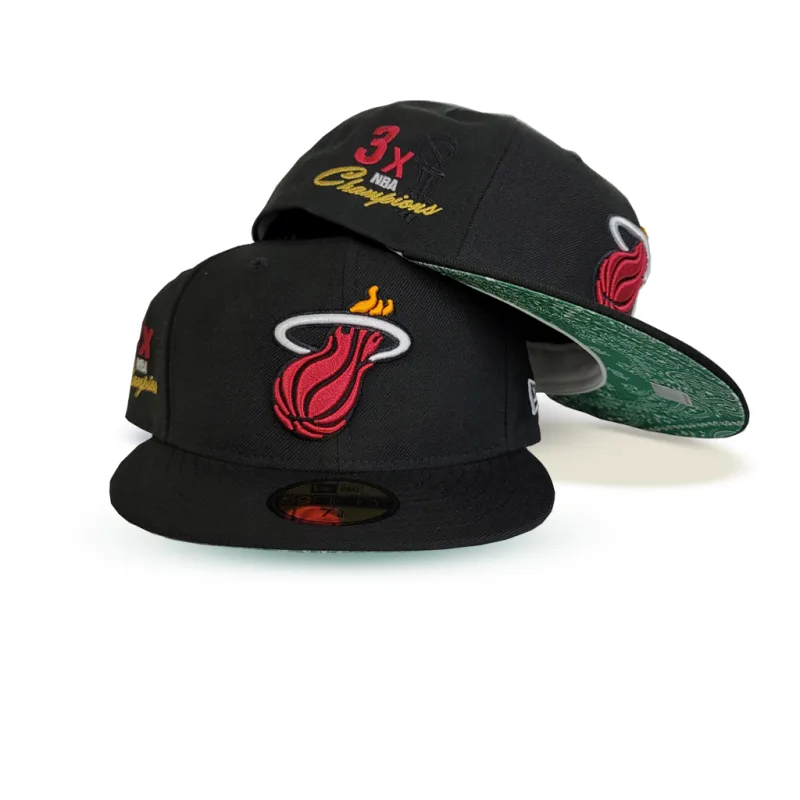 New Era Miami Heat fitted hat black, green colorway - New Era Drops Miami Heat Fitted with Championship Side Patch and Green Paisley Bottom