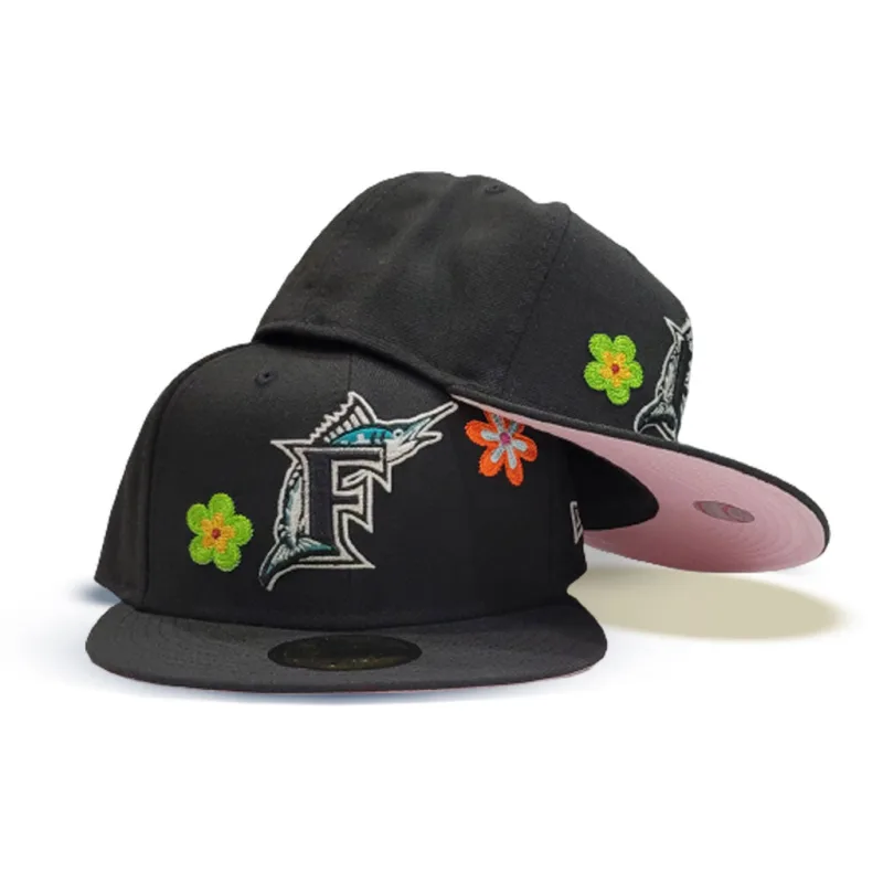 New Era Miami Marlins fitted hat black, pink colorway - New Era’s Miami Marlins Fitted Features Bold Floral Pattern and Pink Accents
