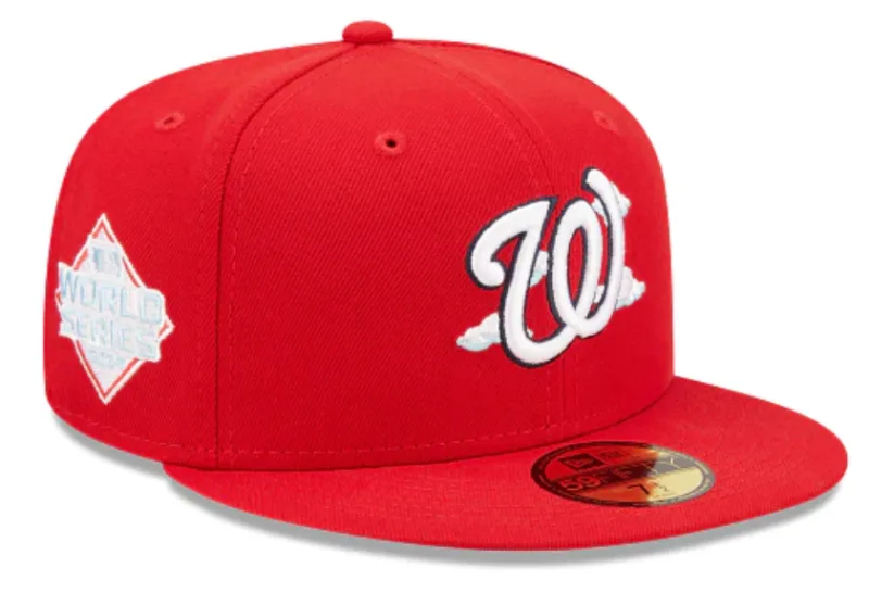 New Era Washington Nationals fitted hat red, blue colorway - 2019 World Series Fitted: New Era’s Red Nationals Championship Comic Cloud 59Fifty