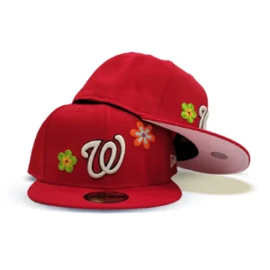 New Era Washington Nationals fitted hat red, pink colorway - Washington Nationals Drop Fresh Fitted with Floral Flair and Pink Bottom Side Patch