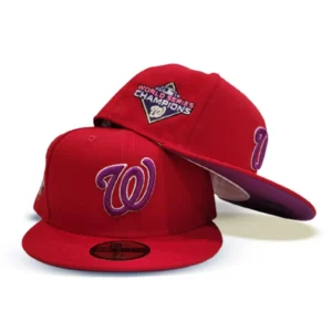 New Era Washington Nationals fitted hat red, purple colorway - 2019 World Series Champions Fitted: New Era Drops Nationals Championship Tribute in Bold Red and Purple