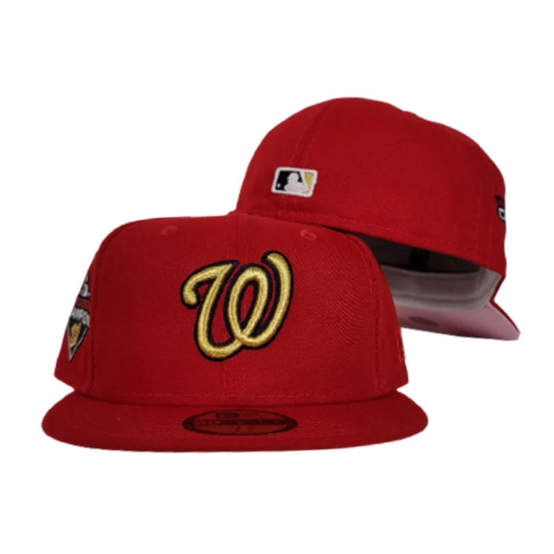 New Era Washington Nationals fitted hat pink, scarlet colorway - 2019 World Series Fitted: New Era Drops Nationals Championship Pink Bottom 59FIFTY