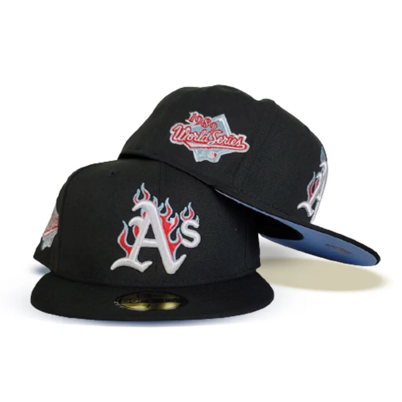 New Era Oakland Athletics fitted hat black, blue colorway - 1989 World Series Fitted: New Era’s Earthquake Series Oakland Athletics Championship Hat