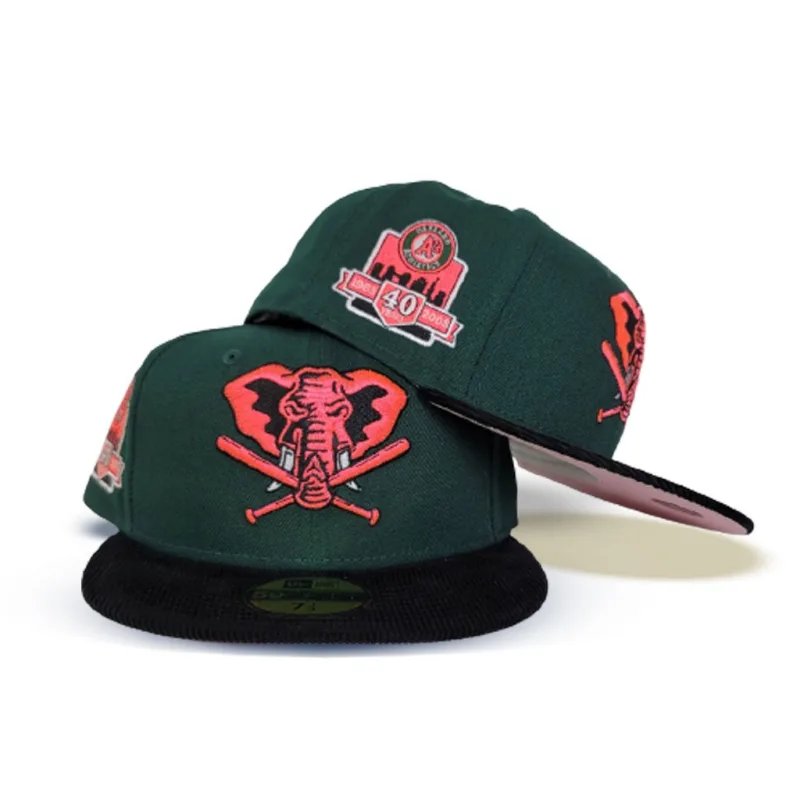 New Era Oakland Athletics fitted hat black, green, pink colorway - Oakland Athletics Anniversary Fitted: New Era Drops Dark Green Corduroy 40th Tribute