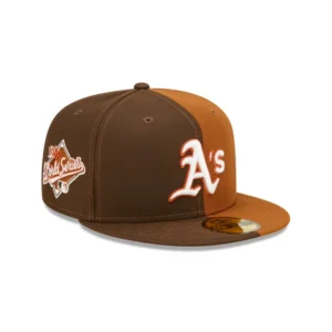 New Era Oakland Athletics fitted hat orange, brown, tan colorway - 1989 World Series Fitted: New Era’s Split Oakland Athletics Championship Tribute