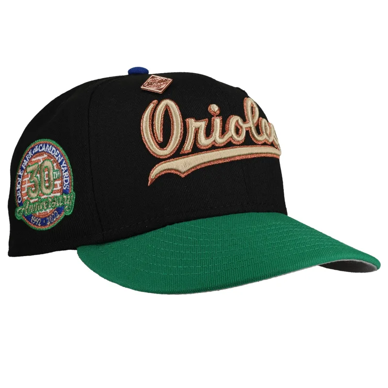 New Era Baltimore Orioles fitted hat black, grey, green colorway - Three Decades Strong Fitted: New Era’s Orioles 30th Anniversary Black/Green Metallic Script 59FIFTY