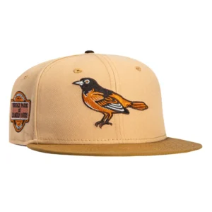 New Era Baltimore Orioles fitted hat Tan, Gold colorway - Iron Man Legacy Fitted: New Era’s Sepia Orioles 20th Anniversary Stadium Tribute