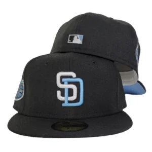 New Era San Diego Padres fitted hat black, blue colorway - 50th Anniversary Fitted: New Era Celebrates Padres Golden Milestone with Icy Blue Tribute