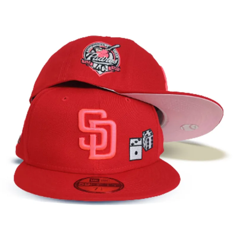 New Era San Diego Padres fitted hat red, pink colorway - Padres 40th Anniversary Fitted: New Era’s Red and Pink Dice Collection Celebrates Four Decades