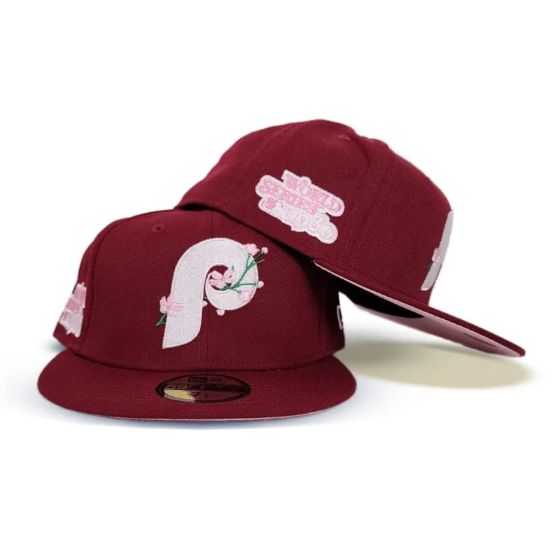 New Era Philadelphia Phillies fitted hat pink, burgundy colorway - 1980 World Series Fitted: New Era’s Burgundy Phillies Championship Tribute with Bloom Pink Bottom
