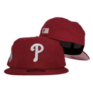 New Era Philadelphia Phillies fitted hat pink, burgundy colorway - 2008 World Series Fitted: New Era Drops Pink Bottom Phillies Championship Tribute