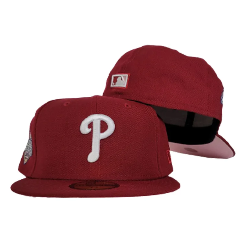 New Era Philadelphia Phillies fitted hat pink, burgundy colorway - 2008 World Series Fitted: New Era Drops Pink Bottom Phillies Championship Tribute
